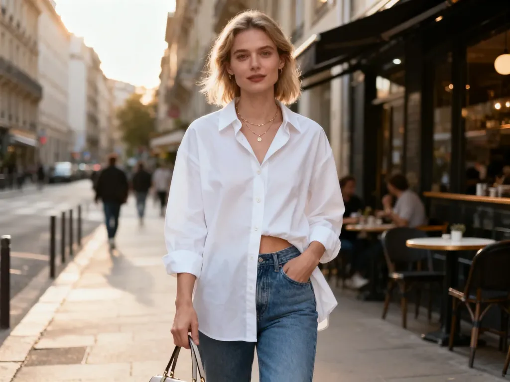 Kobieta w oversize’owej białej koszuli i jeansach pokazuje codzienną stylizację na miejskim chodniku w ciepłym świetle.