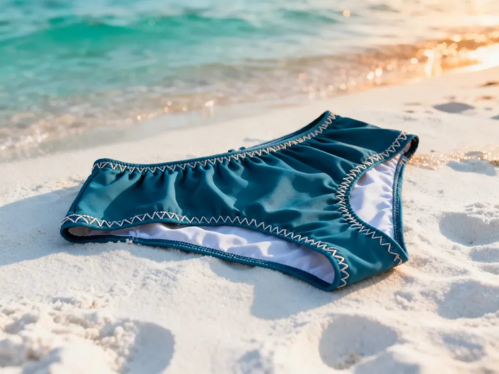 Strój kąpielowy ze spódniczką leżący na piaszczystej plaży w promieniach słońca, ukazujący detale materiału i jakość wykonania.