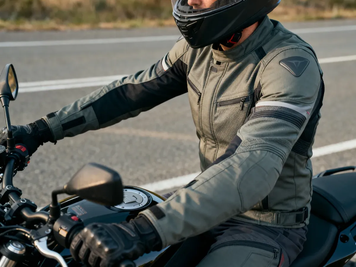 Motocyklista sprawdzający swobodę ruchów w kurtce podczas jazdy