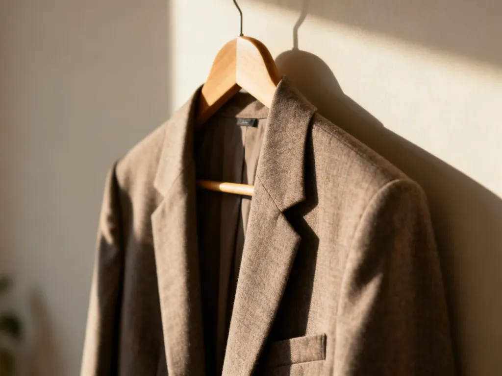 Elegancka marynarka na drewnianym wieszaku, prezentująca wysoką jakość materiału i precyzyjne wykończenie.