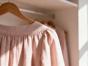 Bluzka z za szerokimi ramionami na stole krawieckim wraz z nożycami, miarką i szpilkami przygotowanymi do poprawek.