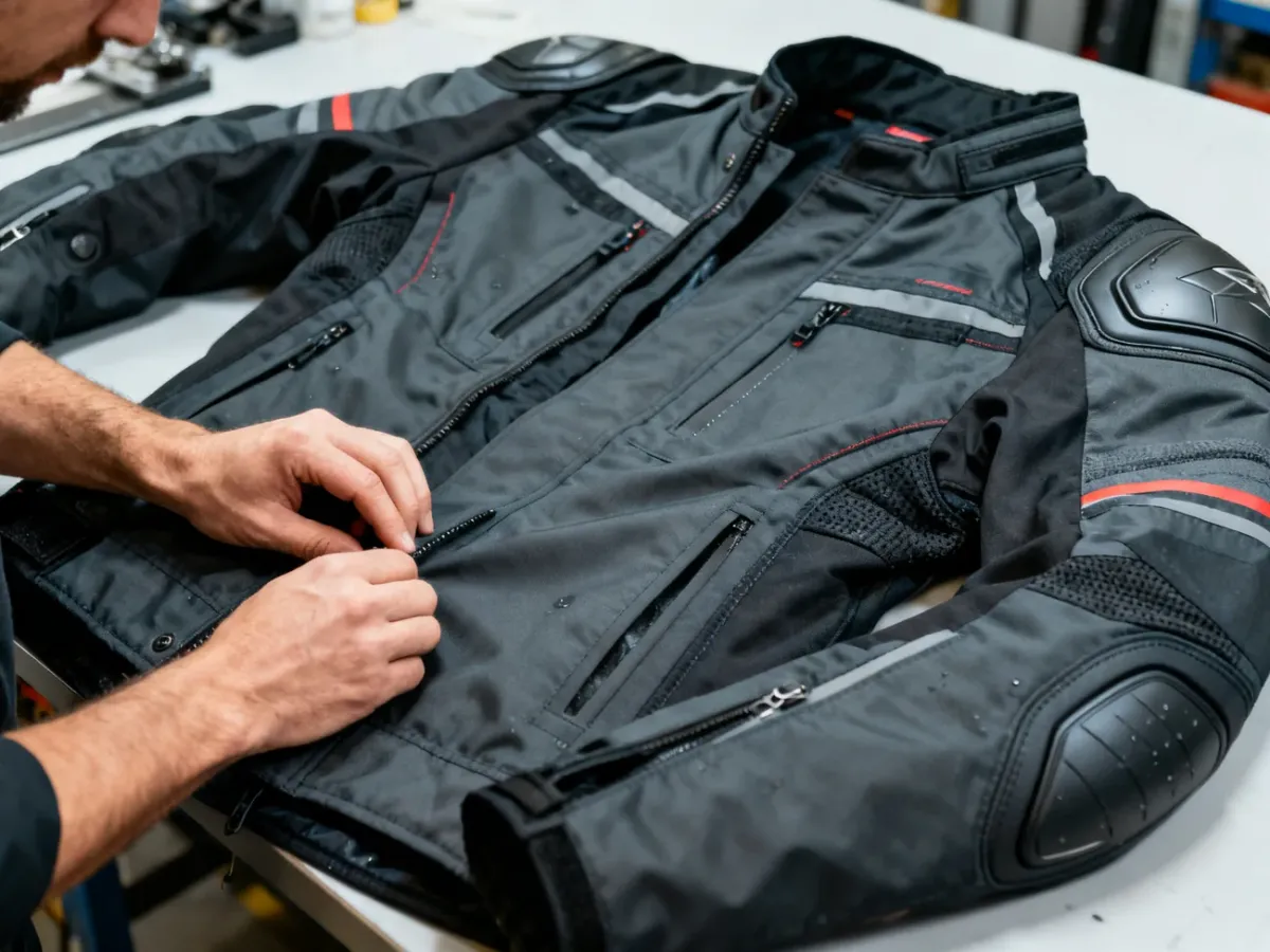 Kontrola technicznej kurtki motocyklowej przez fachowca