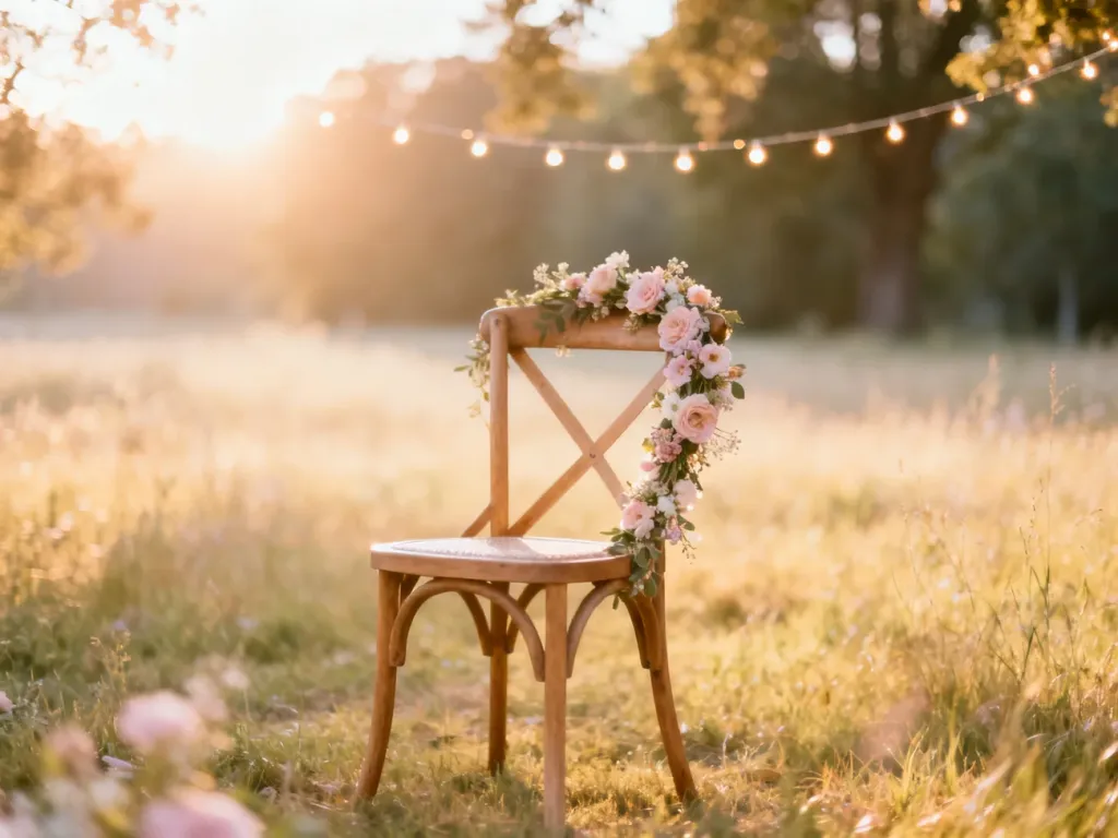 Eleganckie krzesło z kwiatową girlandą w plenerze, idealne na romantyczne wesele w ogrodzie w świetle zachodzącego słońca.