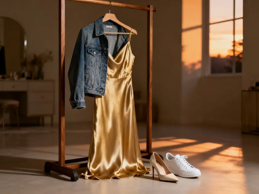 Kurtka dżinsowa i białe sneakersy zestawione z elegancką sukienką i szpilkami, ilustrujące łączenie stylów w modzie.