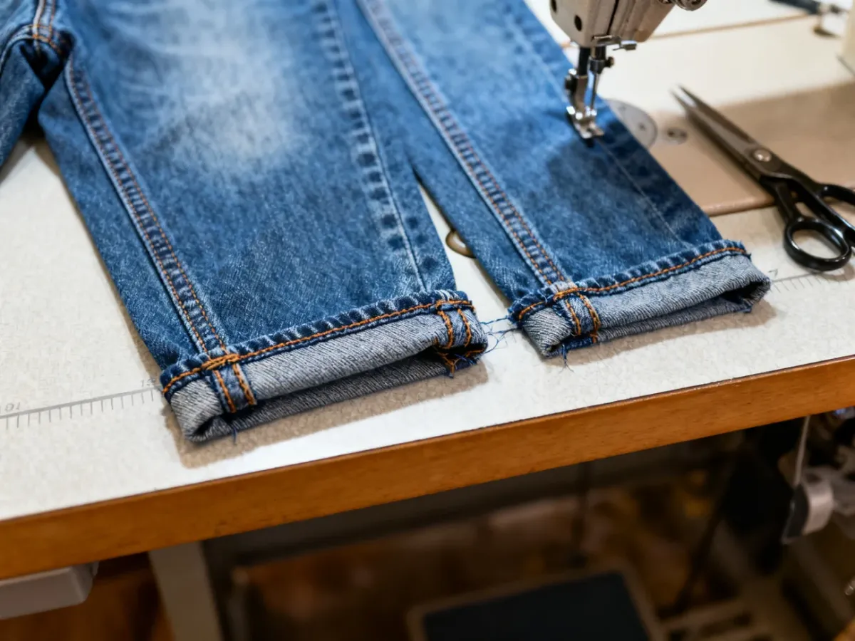 Przyszywanie oryginalnego brzegu do skróconych jeansów