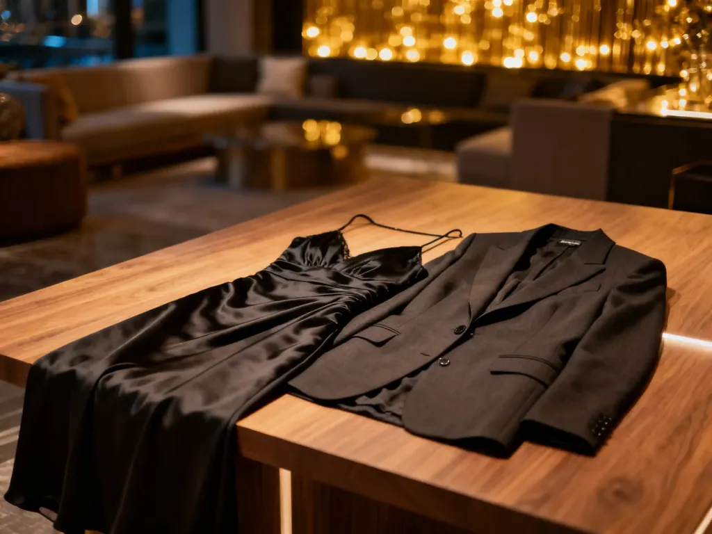 Elegancka sukienka koktajlowa zestawiona z marynarką na drewnianym blacie, idealna propozycja na imprezę firmową.
