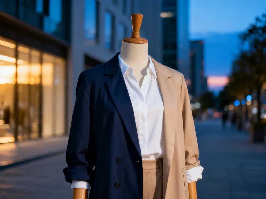 Wszechstronna stylizacja na manekinie, łącząca elegancję z casualowym stylem, idealna na całodniowe wyjście.