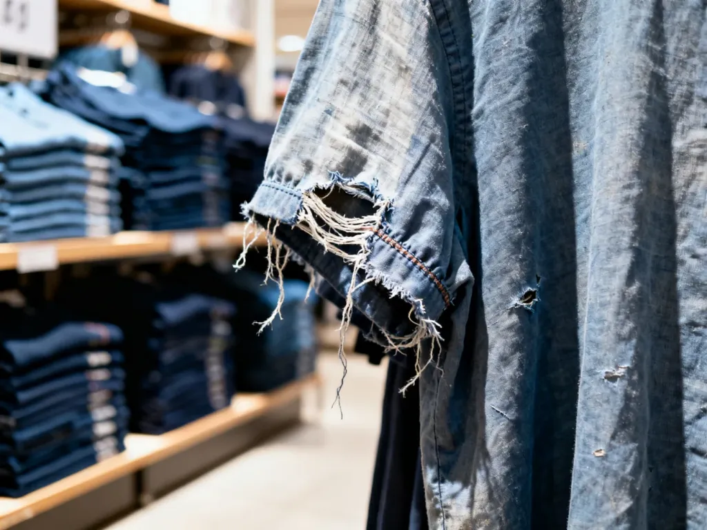 Zbliżenie na niskiej jakości tkaninę z prującymi się szwami, obrazujące nietrwałość ubrań typu fast fashion.
