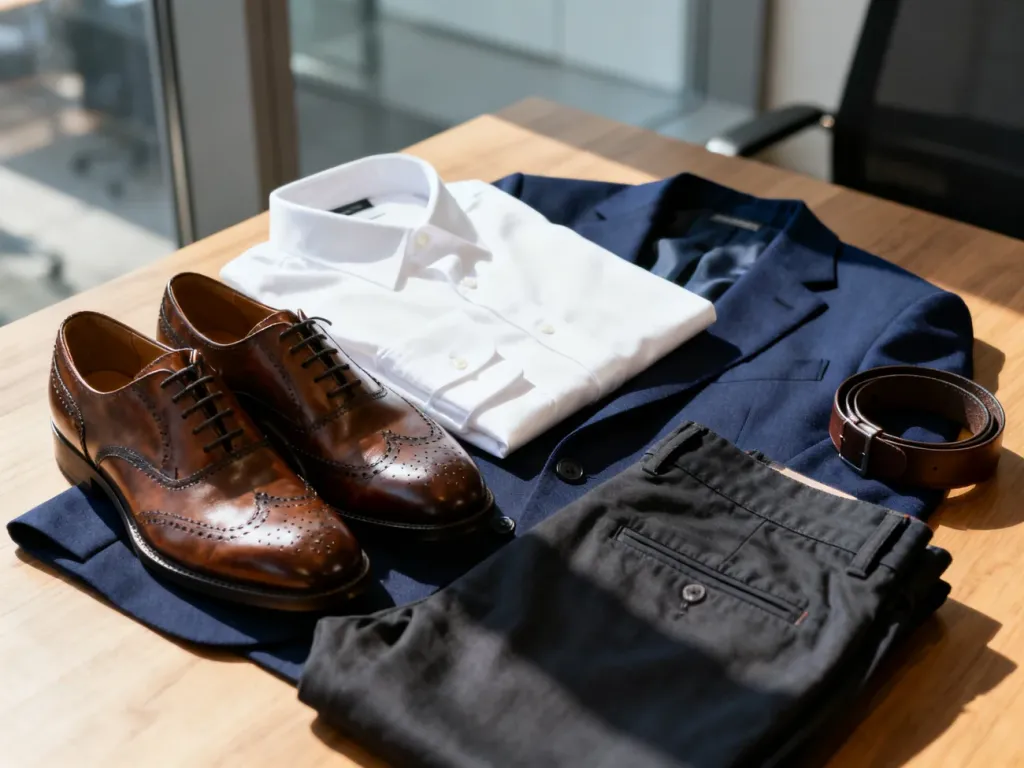 Zestaw ubrań w stylu smart casual: biała koszula, granatowa marynarka, spodnie chino oraz skórzane buty i pasek.