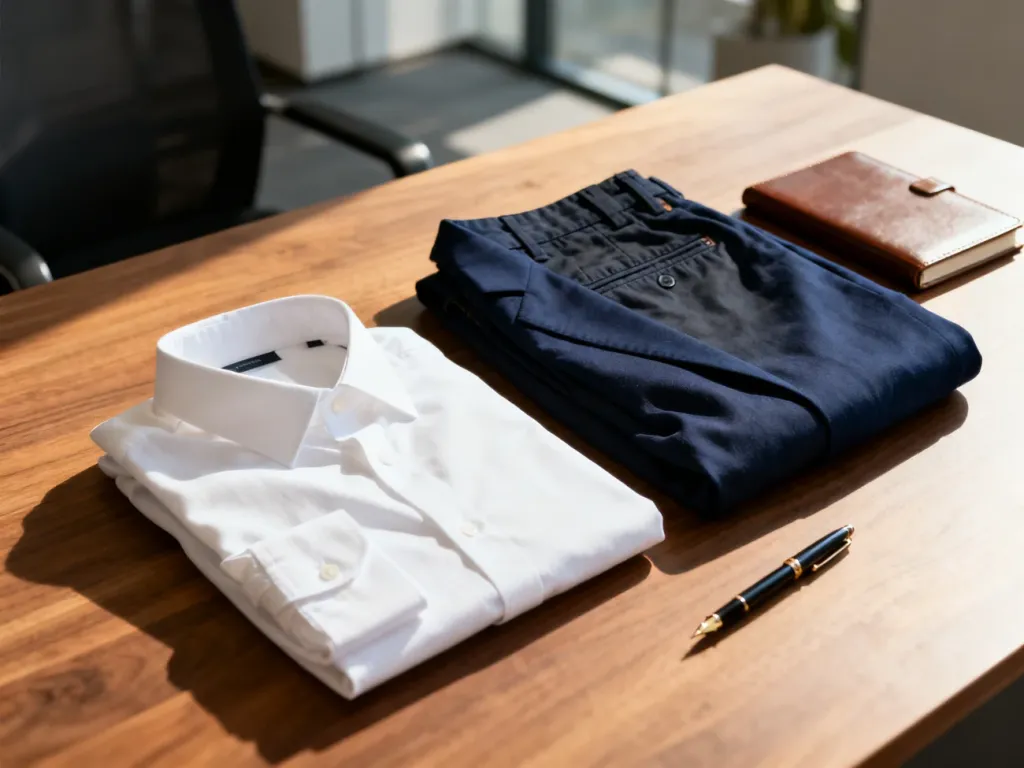 Zestaw ubrań w stylu smart-casual: biała koszula, granatowa marynarka i spodnie typu chino przygotowane na rozmowę kwalifikacyjną.