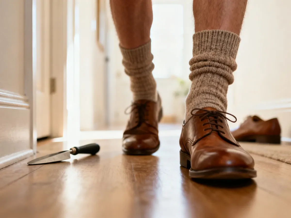 Osoba rozchodząca nowe skórzane buty w domu w grubych skarpetach